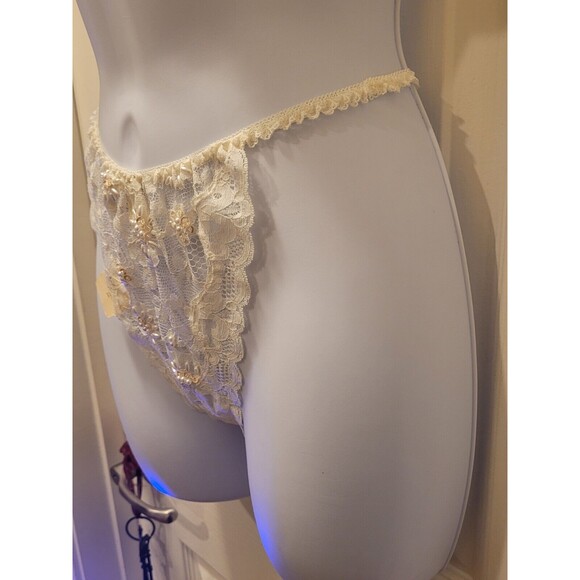 Vtg M/L Victorias Secret Lace T Back G String Thong Panties Beaded Ivory Bridal - Picture 9 of 11